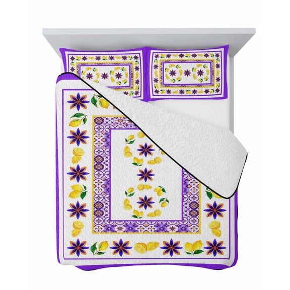 Mediterranean Style Lemon Floral 3 Piece Quilt Set Queen Size, Purple Border Countryside Soft Bedspread Coverlet Bedding Set Microfiber Lightweight Comforter Set with 2 Pillowcases for Bedroom