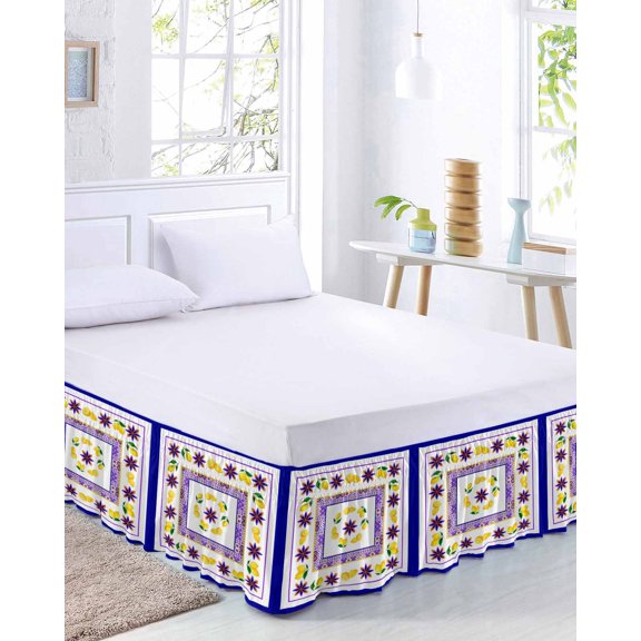 Mediterranean Style Lemon Floral Bed Skirt Queen Size 16 Inch Drop, Blue Border Countryside Adjustable Elastic Dust Ruffles Bedskirt for Queen Bed Wrap Around Pleated Mattress Frame Cover