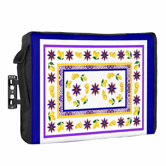 Mediterranean Style Lemon Floral Outdoor TV Cover 30 to 32 inch Weatherproof Waterproof, Blue Border Countryside TV Enclosures with Remote Control Pocket Flat Screen Protector for Outside