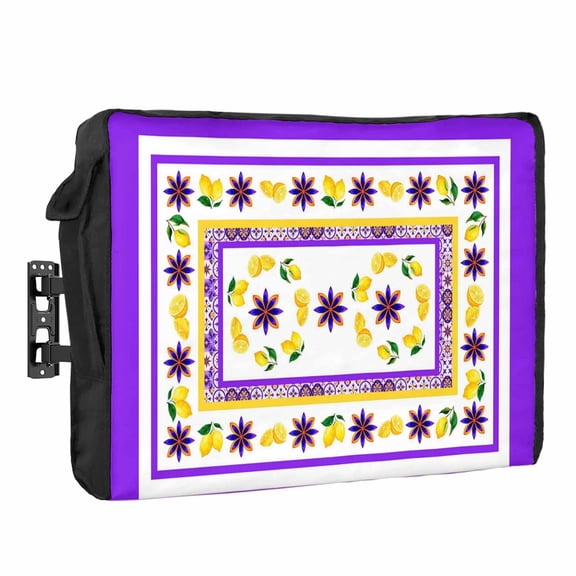 Mediterranean Style Lemon Floral Outdoor TV Cover 30 to 32 inch Weatherproof Waterproof, Purple Border Countryside TV Enclosures with Remote Control Pocket Flat Screen Protector for Outside