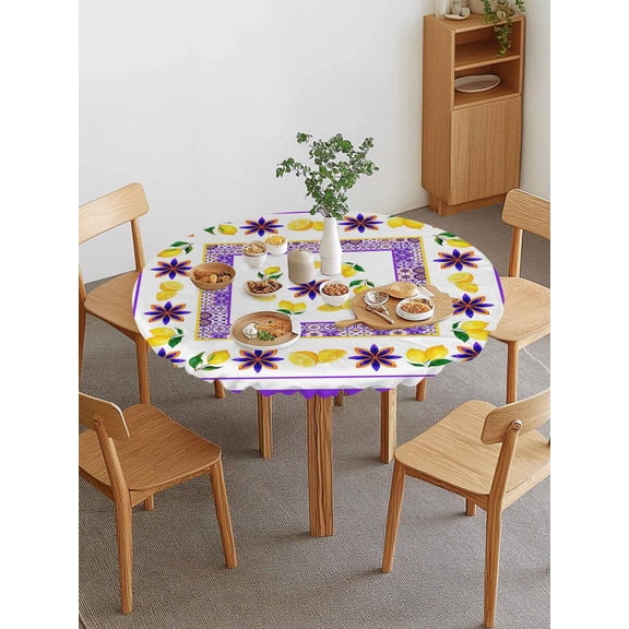 Mediterranean Style Lemon Floral Round Fitted Tablecloth with Elastic Edge, Purple Border Countryside Waterproof Stretch Table Covers for 45"-54" Tables Wipeable Table Cloth for Outdoor