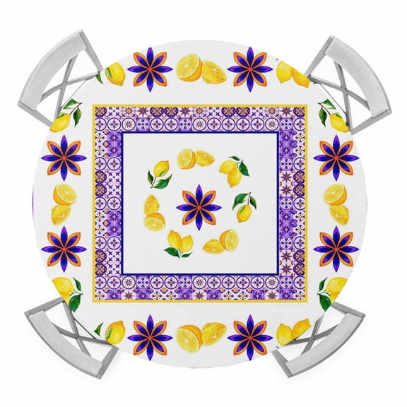Mediterranean Style Lemon Floral Round Table Cover, Blue Border Countryside Waterproof Fitted Tablecloths for 45"-54" Tables, Washable Picnic Table Cover for Camping Dining Indoor Outdoor
