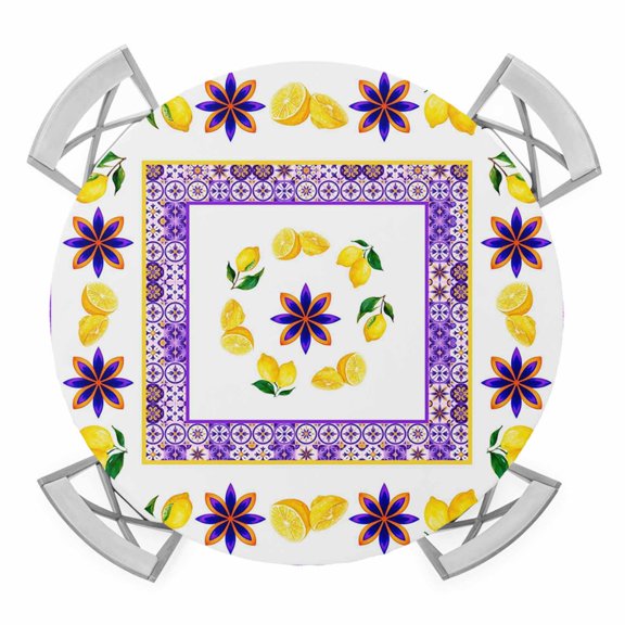Mediterranean Style Lemon Floral Round Table Cover, Purple Border Countryside Waterproof Fitted Tablecloths for 55"-60" Tables, Washable Picnic Table Cover for Camping Dining Indoor Outdoor