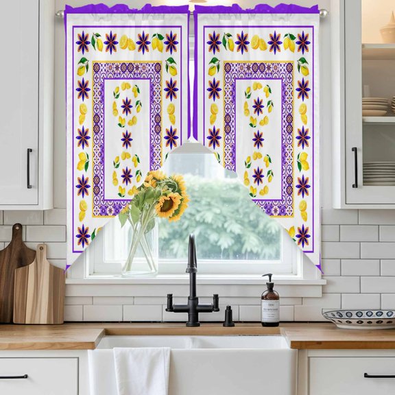 Mediterranean Style Lemon Floral Swag Curtain Valance for Windows, Purple Border Countryside Window Treatments Short Swag Topper for Kitchen Windows Bathroom Bedroom, 28"x36"