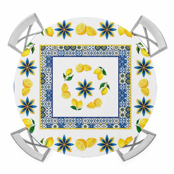 Mediterranean Style Lemon Round Table Cover, Blue Floral Blue Border Countryside Waterproof Fitted Tablecloths for 55"-60" Tables, Washable Picnic Table Cover for Camping Dining Indoor Outdoor