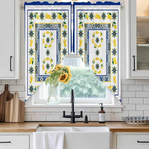 Mediterranean Style Lemon Swag Curtain Valance for Windows, Blue Floral Blue Border Countryside Window Treatments Short Swag Topper for Kitchen Windows Bathroom Bedroom, 28"x36"