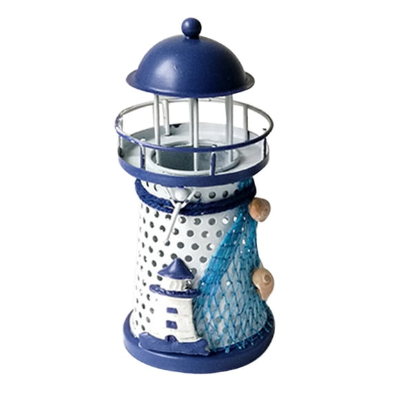 Mediterranean Style Round Hole Iron Lighthouse Candlestick Home Desktop Decoration Small Iron Candlestick,1X Lighthouse,Mediterranean Iron Candle Candlestick Blue White Home Table Decor