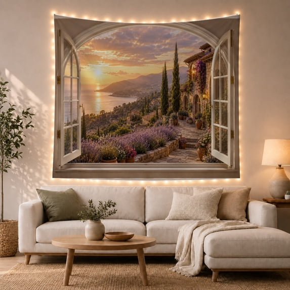 Mediterranean Sunset with Lavender in Arched Window, Serene Coastal for Home Decor Lovers, Wall Art Print, Housewarming Gift, Tapestry Wall Hanging for Bedroom and Living Room