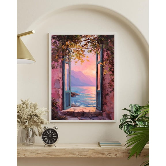 Mediterranean Sunset Print Lemon Tree Window, Coastal Mountain View Poster Decor, Unframed Poster Size 8x12 F03.1.22l362