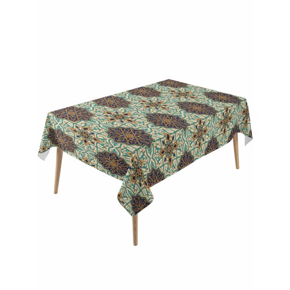 Mediterranean Table Cloth, Waterproof Tablecloth for Rectangle Tables, Vintage Morocco Abstract Pattern Brown Green Reusable Washable Fabric Table Cover for Restaurant Kitchen Dining Tables 60"x120"