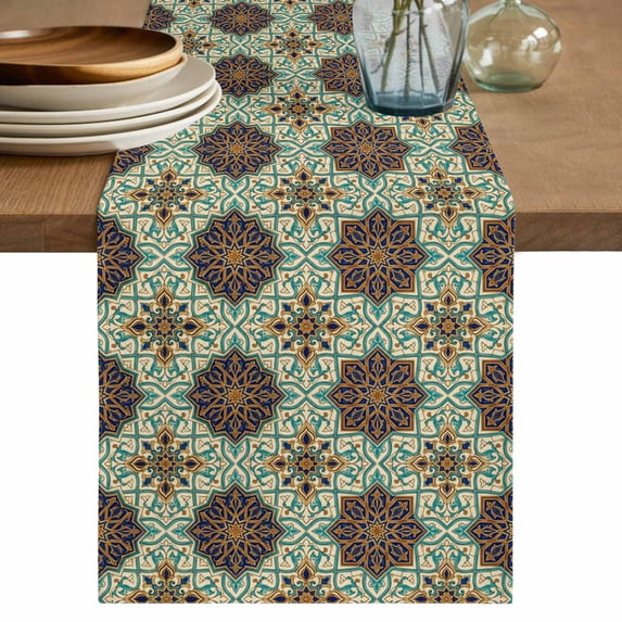 Mediterranean Table Runner 120 Inches, Vintage Morocco Abstract Pattern Brown Green Bed Runner Dresser Scarves Tabletop for Indoor Outdoor Parties/Ceremony/Banquet, 13"x 120"