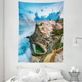 thumbnail image 1 of Mediterranean Tapestry, Portuguese Town Coast Azenhas do Mar Beach by Cliffs Village Shore Theme, Wall Hanging for Bedroom Living Room Dorm Decor, 60W X 80L Inches, Multicolor, by Ambesonne, 1 of 5
