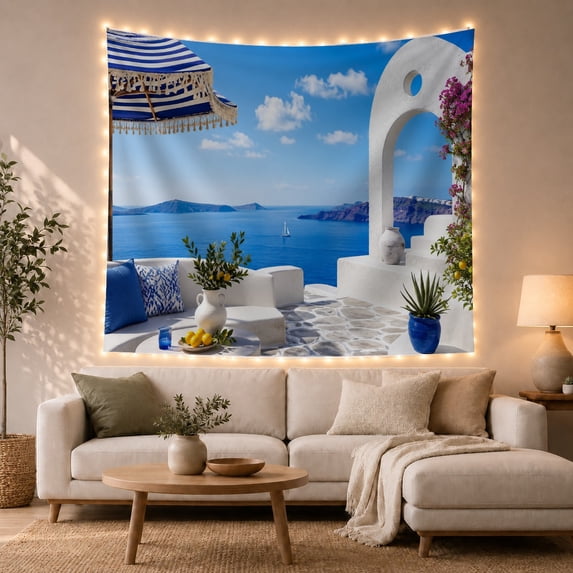 Mediterranean Terrace With Bougainvillea and Blue Sea View, Serene Coastal for Ocean Lovers, Mediterranean Wall Art Decor, Housewarming Gift, Tapestry Wall Hanging for Bedroom and Living Room