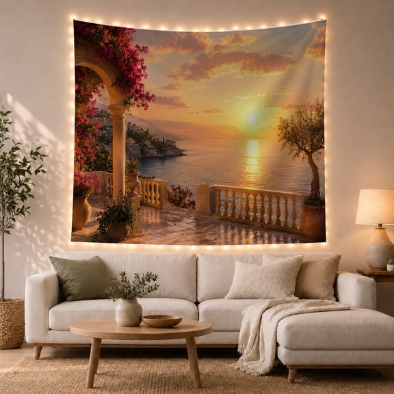 Mediterranean Terrace with Ocean Sunset and Pink Flowers, Romantic Coastal Wall Art for Beach Lovers, Scenic Decor Housewarming Gift, Tapestry Wall Hanging for Living Room and Bedroom
