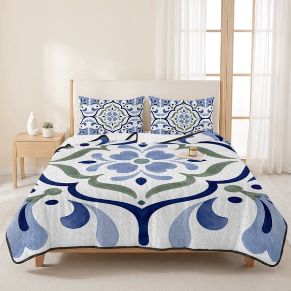 Mediterranean Theme Blue Flowers 3 Pieces Quilt Set,1 Quilt with 2 Shams,Central Stylized Floral Bedspread Soft Lightweight Bedding Coverlet Comforter Set for All Season 96"x106"