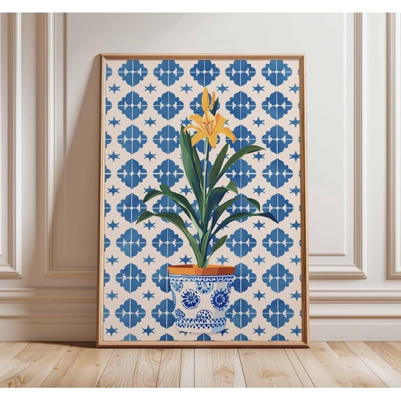 Mediterranean Tile Yellow Lily Blue Pot Kitchen Spanish Ceramic Unframed Paper Print