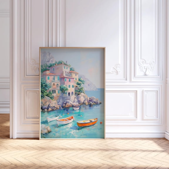 Mediterranean Travel Poster, Coastal Wall Art Poster, Colorful Seaside Village , Amalfi Coast Summer Landscape,, Unframed Canvas Size 24x36
