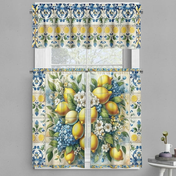 Mediterranean Valance & Tier Curtain 3 pcs Set, Lemons Classic Mosaic Motifs Traditional Italian Portuguese Summer, Window Treatments for Kitchen Room Decor, 55" x 24", Blue Yellow and Green
