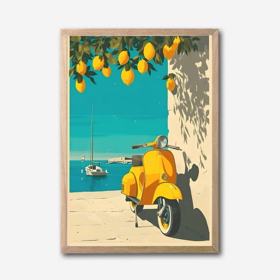 Mediterranean Vespa & Lemon Tree by the Sea Modern Canvas Wall Art