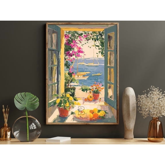 Mediterranean View Poster Open Window Harbor Wall Art Seaside Garden Coastal Print
