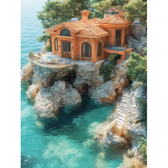 Mediterranean Villa Coastal House Canvas Print/Wall Art Perfect for Living Room Bathroom Office and Decoration