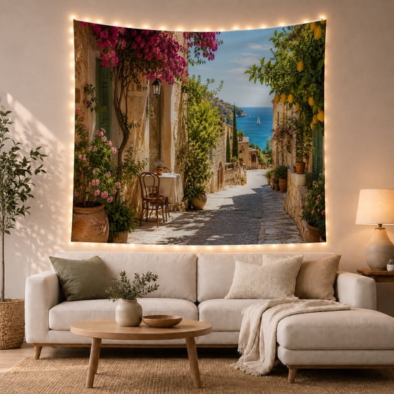 Mediterranean Village Alleyway with Sea View, Serene Coastal for Travel Lovers, Mediterranean Decor Art, Housewarming Gift, Tapestry Wall Hanging for Living Room and Bedroom