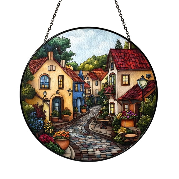 Mediterranean Village Stained Glass Suncatcher Window Hanging Decor, Colorful European Street Art Glass Panel Window Ornament, Scenic Old Town Decorative Window Decor for Travel Style Home Gift