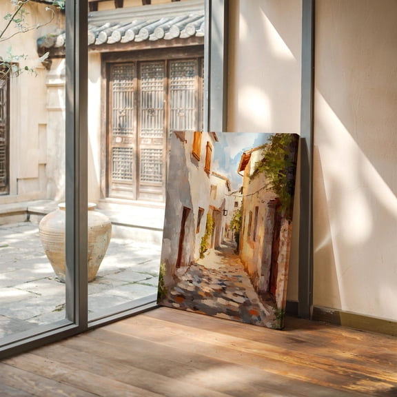 Mediterranean Village Street, Rustic European Alleyway Art, Warm Sunlit Architecture, Travel-Inspired Wall Decor Wall Art, Modern Wall Decor, 8x12 UNFRAMED