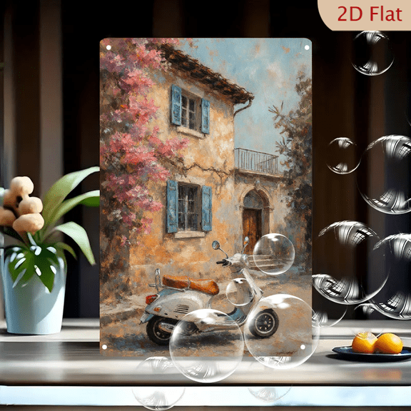 Mediterranean Village Wall Art 8x12 Inches, Vintage White Scooter and Pink Bougainvillea on Cobblestone Street, Rustic House with Blue Shutters, Impressionist Metal Tin Sign Decor for Home Office