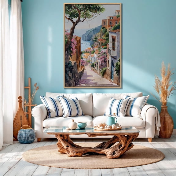 Mediterranean Village Wall Art Coastal View Print Quaint Architecture Poster Vertical Summer Decor Ready to Hang, Unframed Poster Size 12x18