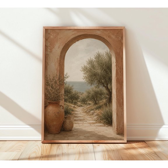 Mediterranean Wall Art Print, Terracotta Arch Olive Tree Landscape, Boho Coastal Artwork, Rustic Neutral Italy Greece Decor Poster , Poster Print Only