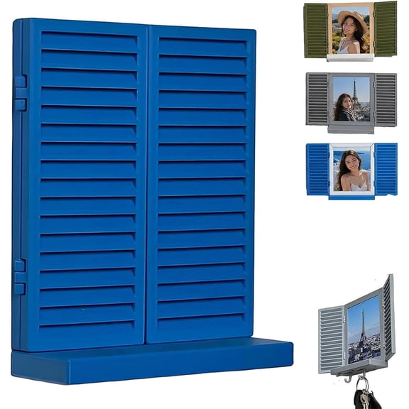 Mediterranean Window Photo & Key Holder, 3D Printed Photo Frame Key Holder Wall Mount, Decorative Wall Display with Openable Shutters & Hidden Shelf(blue)