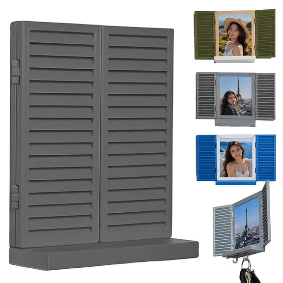 Mediterranean Window Photo & Key Holder, 3D Printed Photo Frame Key Holder Wall Mount, Decorative Wall-Mounted Photos Display with Openable Shutters, Hidden Keys Shelf, for Home Deco-r (A)
