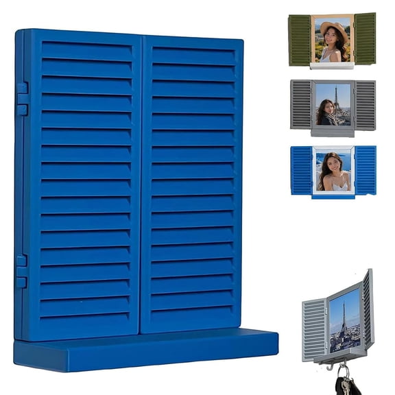 Mediterranean Window Photo & Key Holder, 3D Printed Photo Frame Key Holder Wall Mount, Decorative Wall-Mounted Photos Display with Openable Shutters, Hidden Keys Shelf, for Home Deco-r (A)