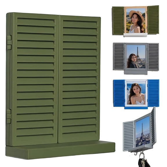 Mediterranean Window Photo & Key Holder, 3D Printed Photo Frame Key Holder Wall Mount, Decorative Wall-Mounted Photos Display with Openable Shutters, Hidden Keys Shelf, for Home Deco-r (A)