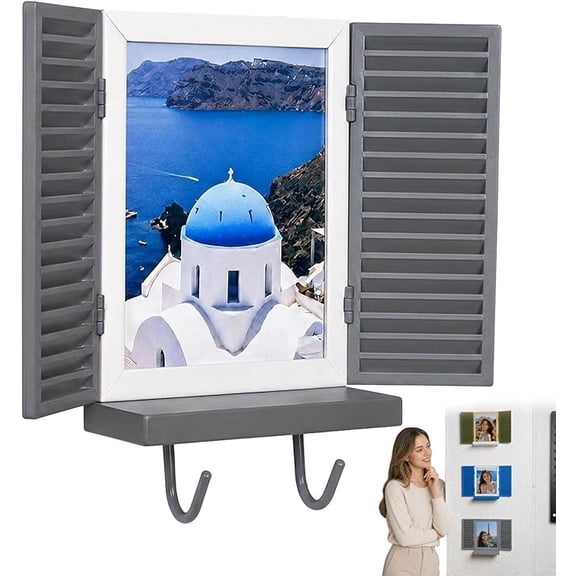 Mediterranean Window Photo & Key Holder, Mediterranean Shutter Photo Frame, Picture Wall Mount Photo Frame Key Cabinet, Decorative Wall Mounted Keys Organizer, Travel Photos & Family Moments