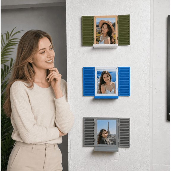Mediterranean Window Photo And Key Holder Open And Close Shutter Design With Mini Storage Ledge For Entrance Hallway Living Room And Cozy Home Decoration