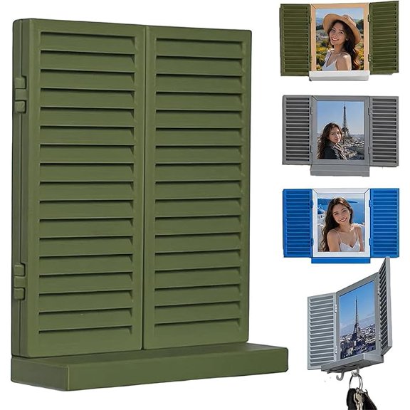 Mediterranean Window Photo & Key Holder, Personalized Photo Key Holder & Hooks, Wall-Mounted Rustic Shutter Organizer with Floating Shelf, Home Decor for Entryway, Hallway, Living Room