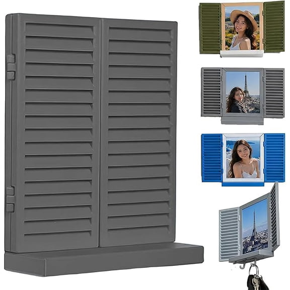 Mediterranean Window Photo & Key Holder, Rustic Shutter Picture Frame with 2 Key Hooks and Floating Shelf, Decorative Entryway Hallway Organizer with Hidden Storage