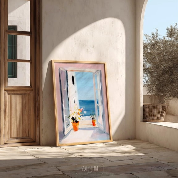 Mediterranean Window Seaside View Poster, Unframed Paper Poster 8x10in