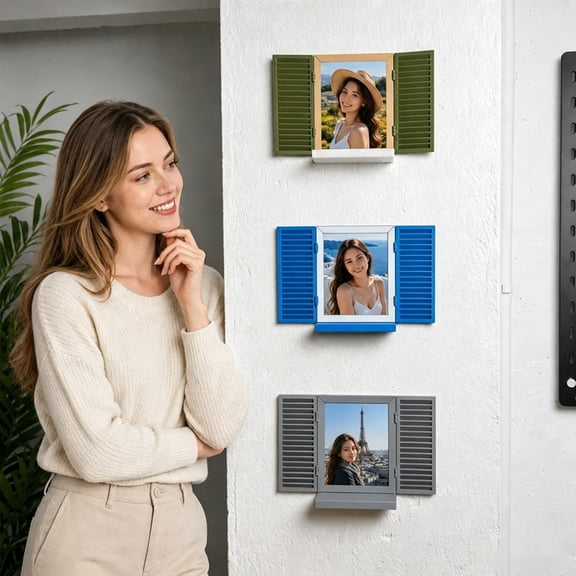 Mediterranean Window-Style Photo Frame & Key Holder, Decorative Wall Mount Shutter Design Organizer, Multi-Functional Key & Picture Display for Entryway, 3 Colors Available (Blue/Green/Gray)