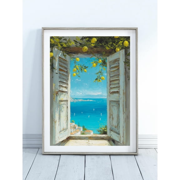 Mediterranean Window View Art – Coastal Lemon Tree Wall Decor, Italian Seaside Landscape Poster, Italian Lemon Tree Wall Art, Unframed Poster Size 16x24