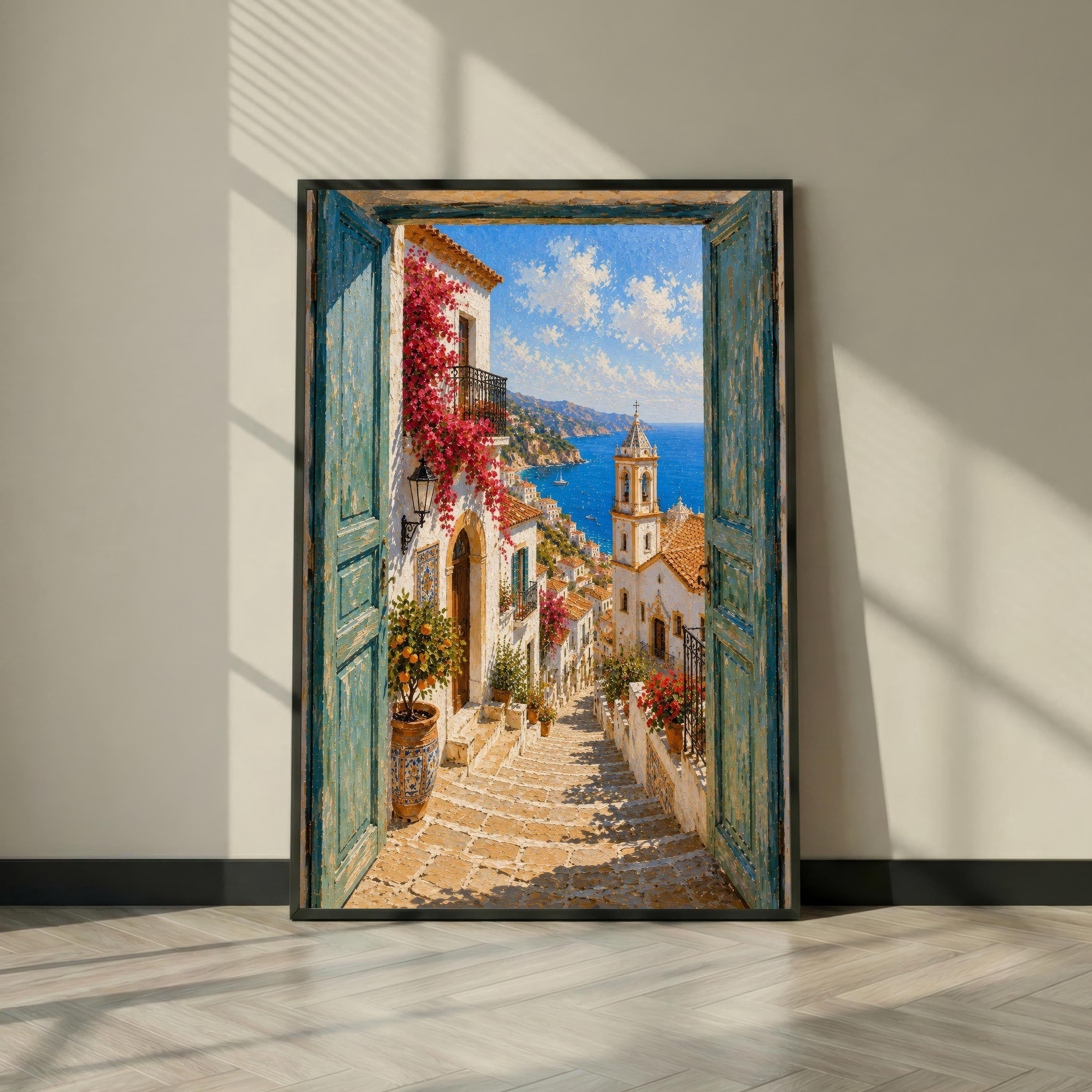 Window Drawing. Sign Mediterranean Window View Art Italian Coastal Town Poster European ...