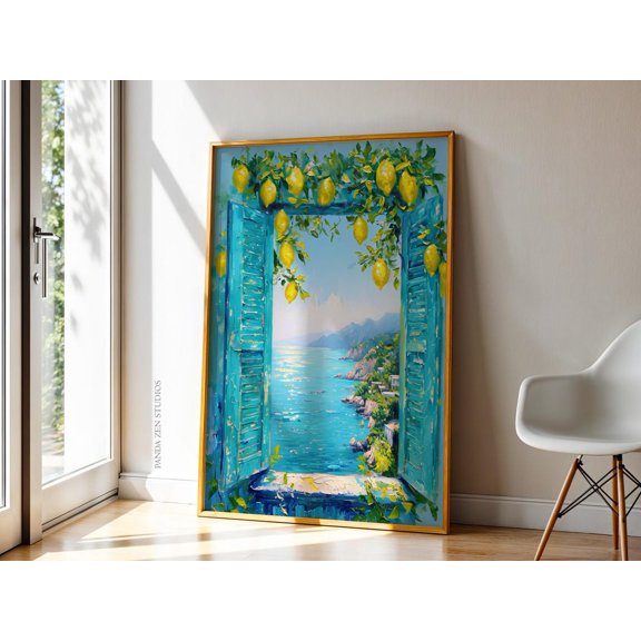 Mediterranean Window View Art Lemon Tree Coastal Decor Italian Seaside Landscape Beach House Art Print