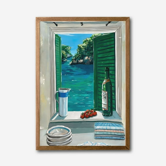 Mediterranean Window View Canvas Wall Art  Serene Seaside Kitchen Scene