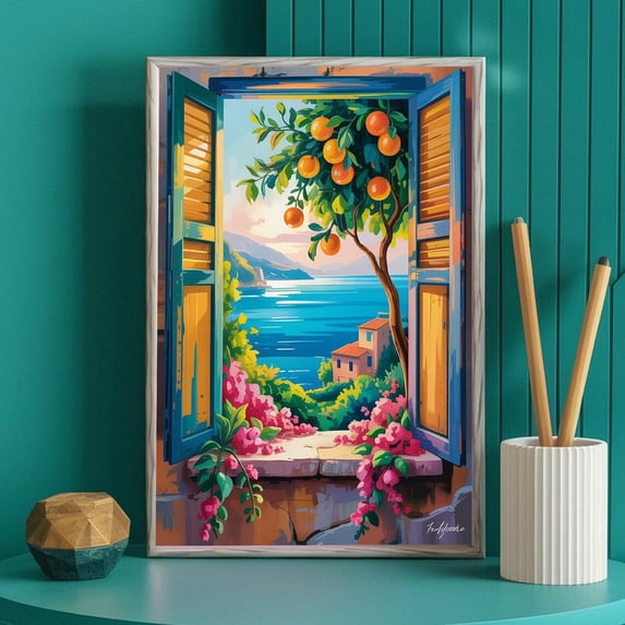 Mediterranean Window View Colorful Coastal Wall Art, Unframed Paper Poster 16x20in