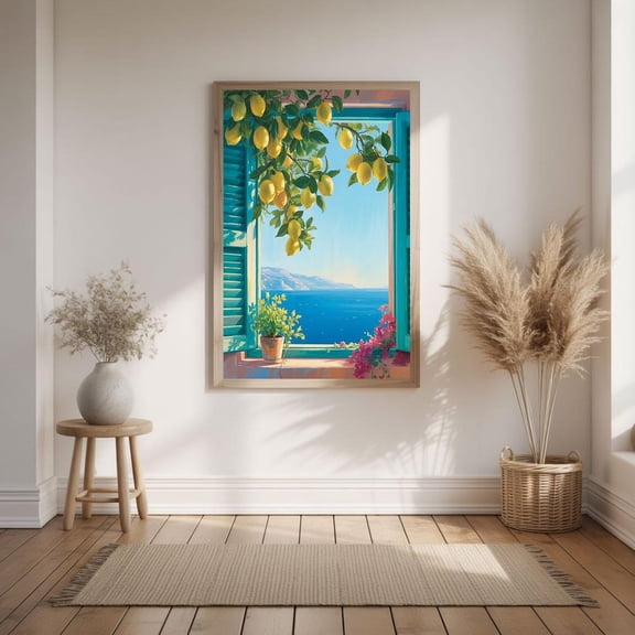 Mediterranean Window View Lemon Tree Art | Bright Wall Art For Kitchen Or Living Room | Vibrant Home Decor ., Stretched Canvas Size 16x24