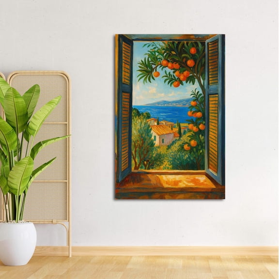 Mediterranean Window View, Orange Tree Sea Landscape Art, Sunny Coastal Wall poster, Tuscany Inspired Summer Home Decor Poster Unframed Paper Print