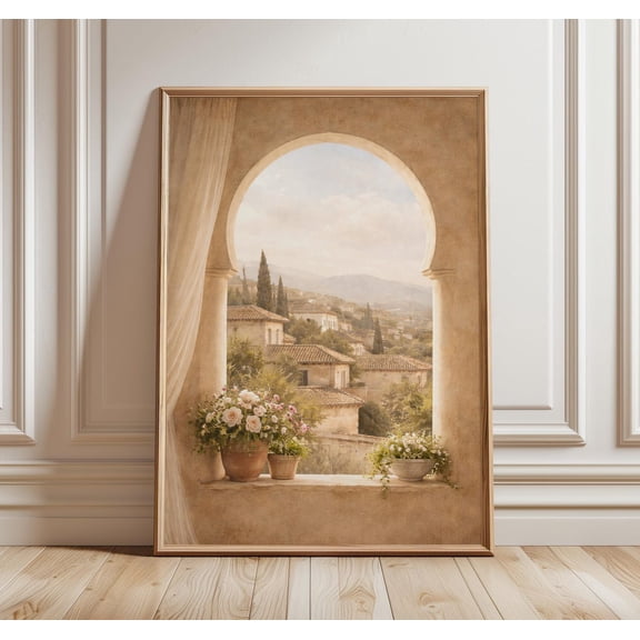 Mediterranean Window View Print Neutral Tuscan Landscape Wall Art Arch Window Decor Soft Beige Floral Artwork Italian Villa Style, Unframed Paper Print