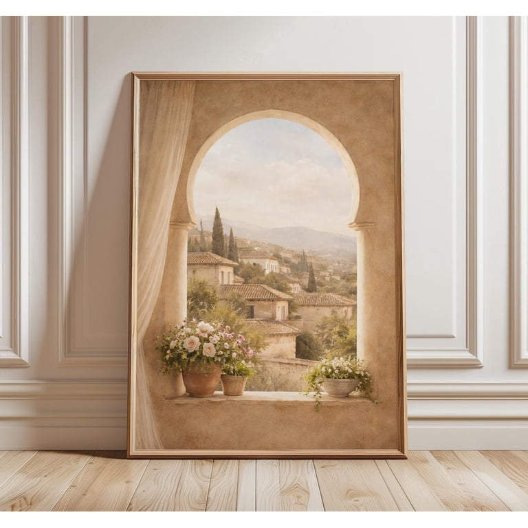Mediterranean Window View Print Neutral Tuscan Landscape Wall Art